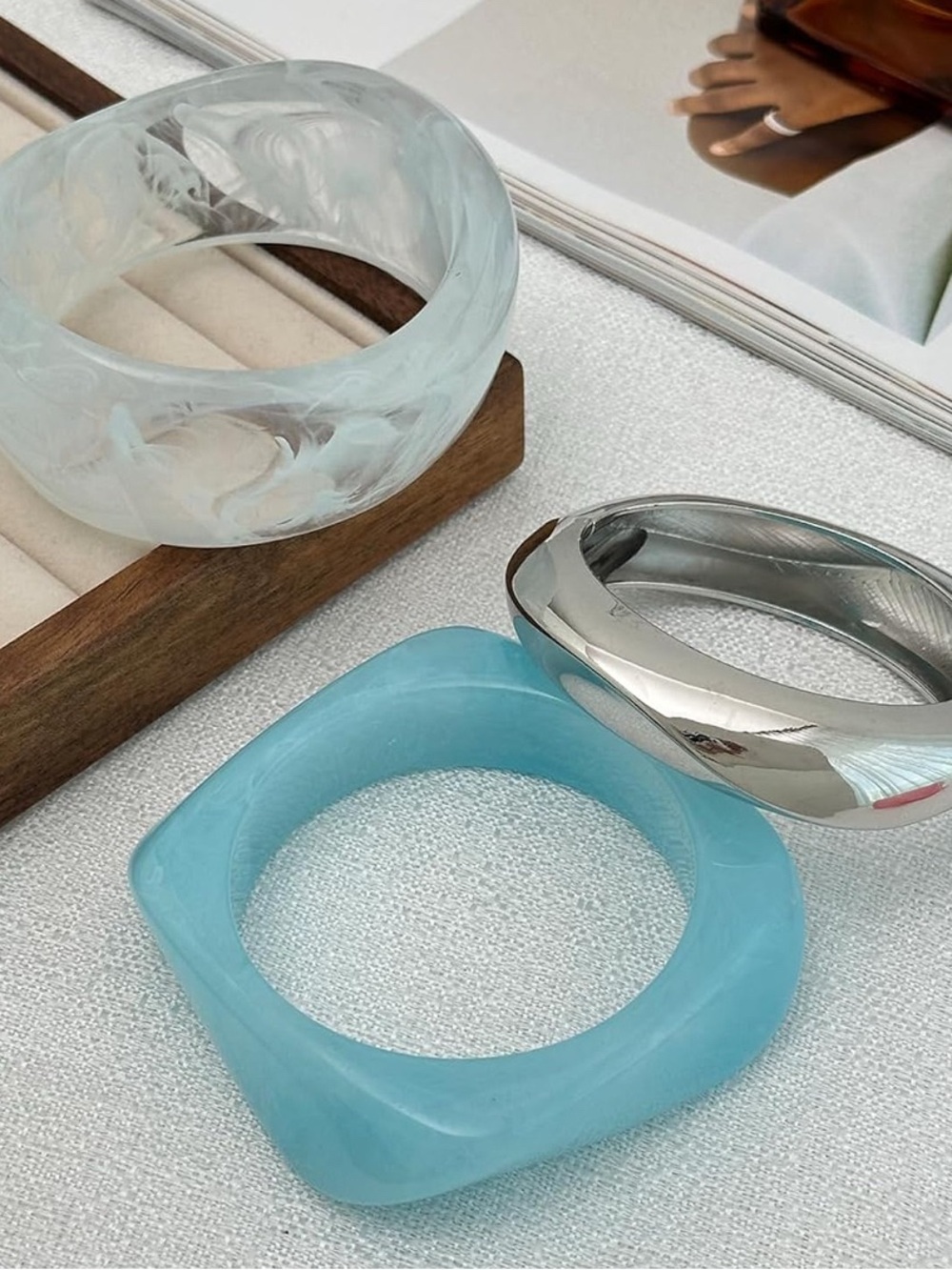 Blue, White & Silver Resin and Silver Bangle Set - 3Pcs - Picture 3 of 7